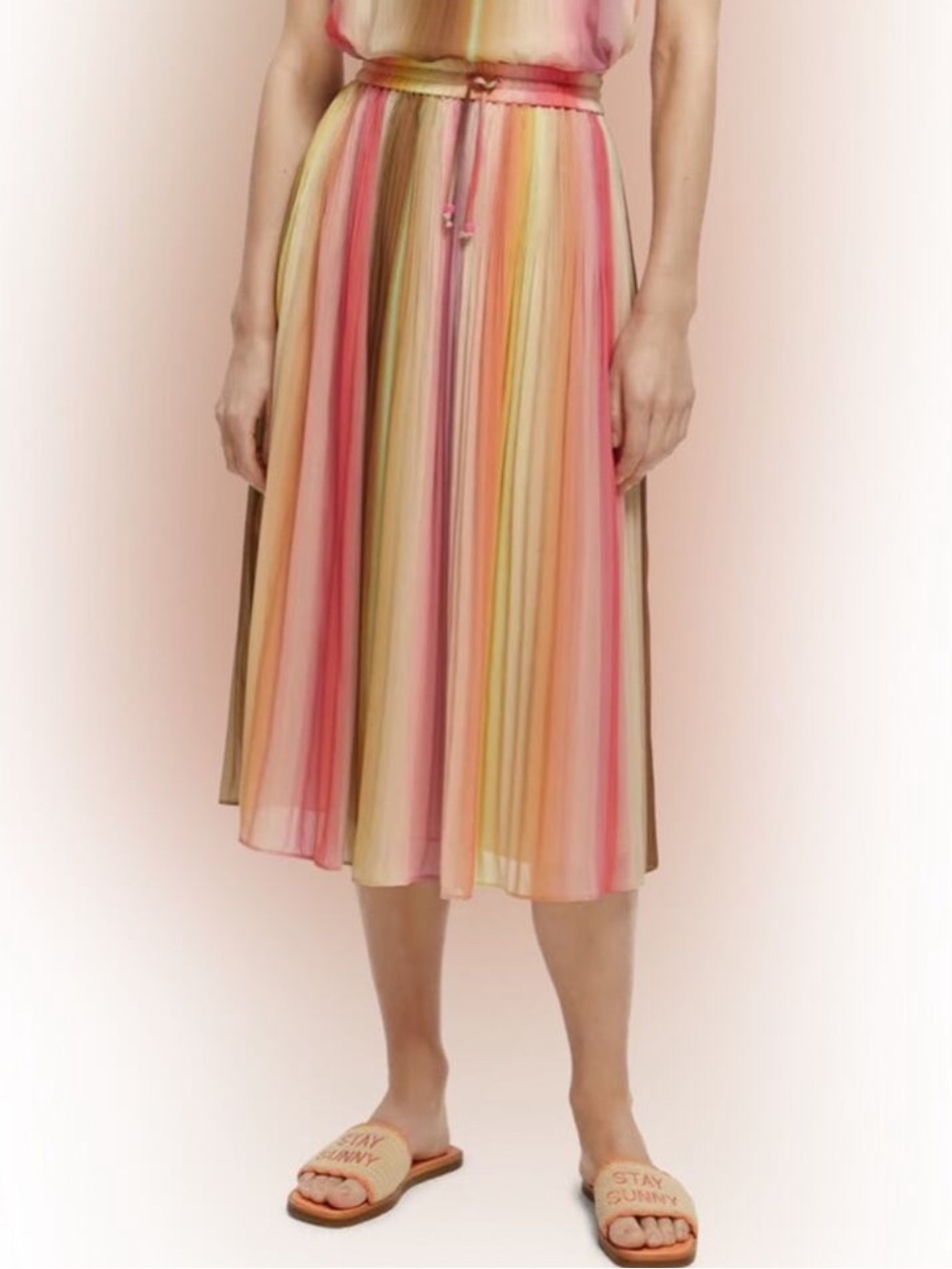 Scotch & Soda Striped Pleated Midi Skirt in Pink, Coral, Beige, Tan - Picture 2 of 5